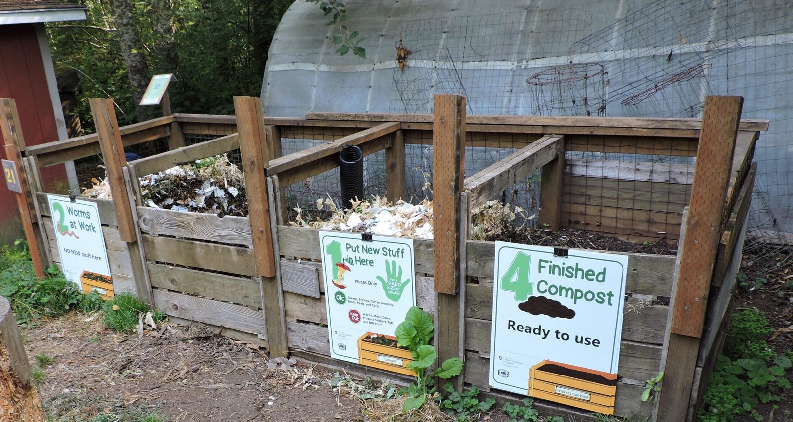Compost bins at a Master Gardener demonstration garden